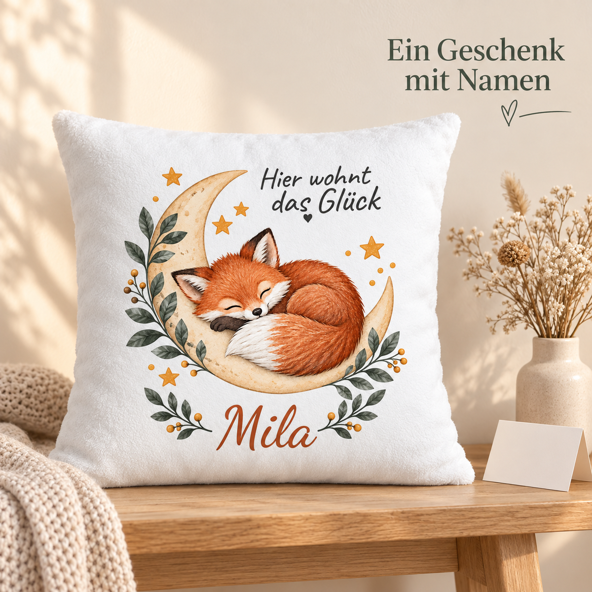Fuchs-Kissenbezug mit Namen – Geschenkidee