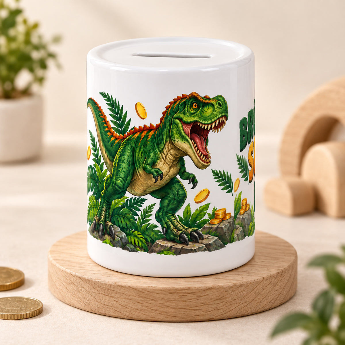 Dino-Spardose mit Namen – T-Rex-Schatz – Schrägansicht