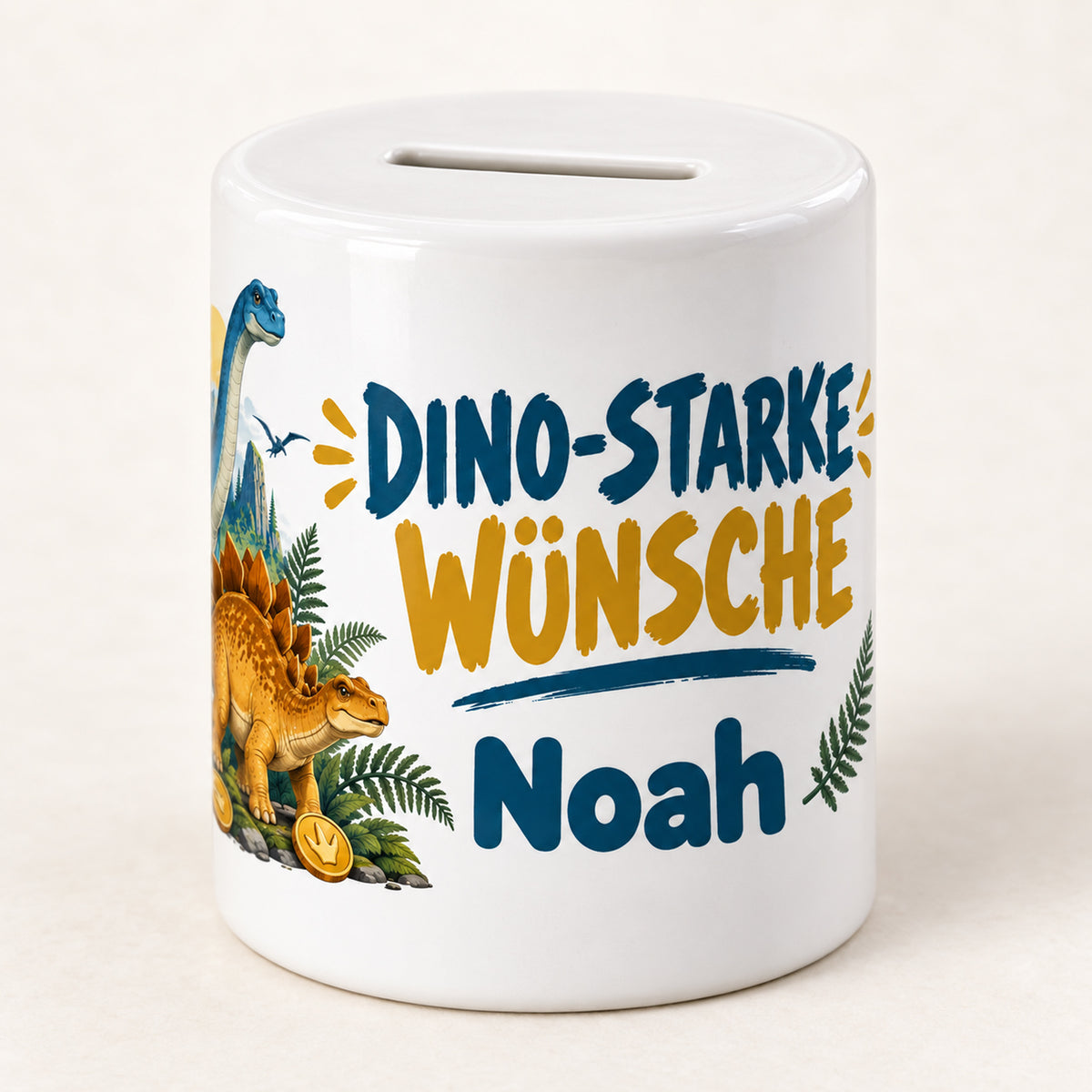Dino-Spardose mit Namen – Dino-Team – Spruchseite mit Noah