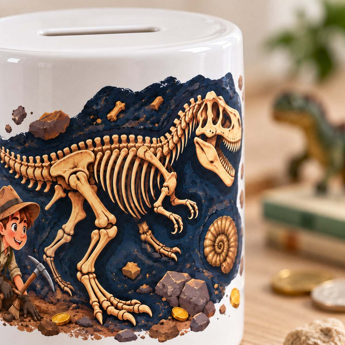 Dino-Spardose mit Namen – Fossilien-Fund – Motivdetail