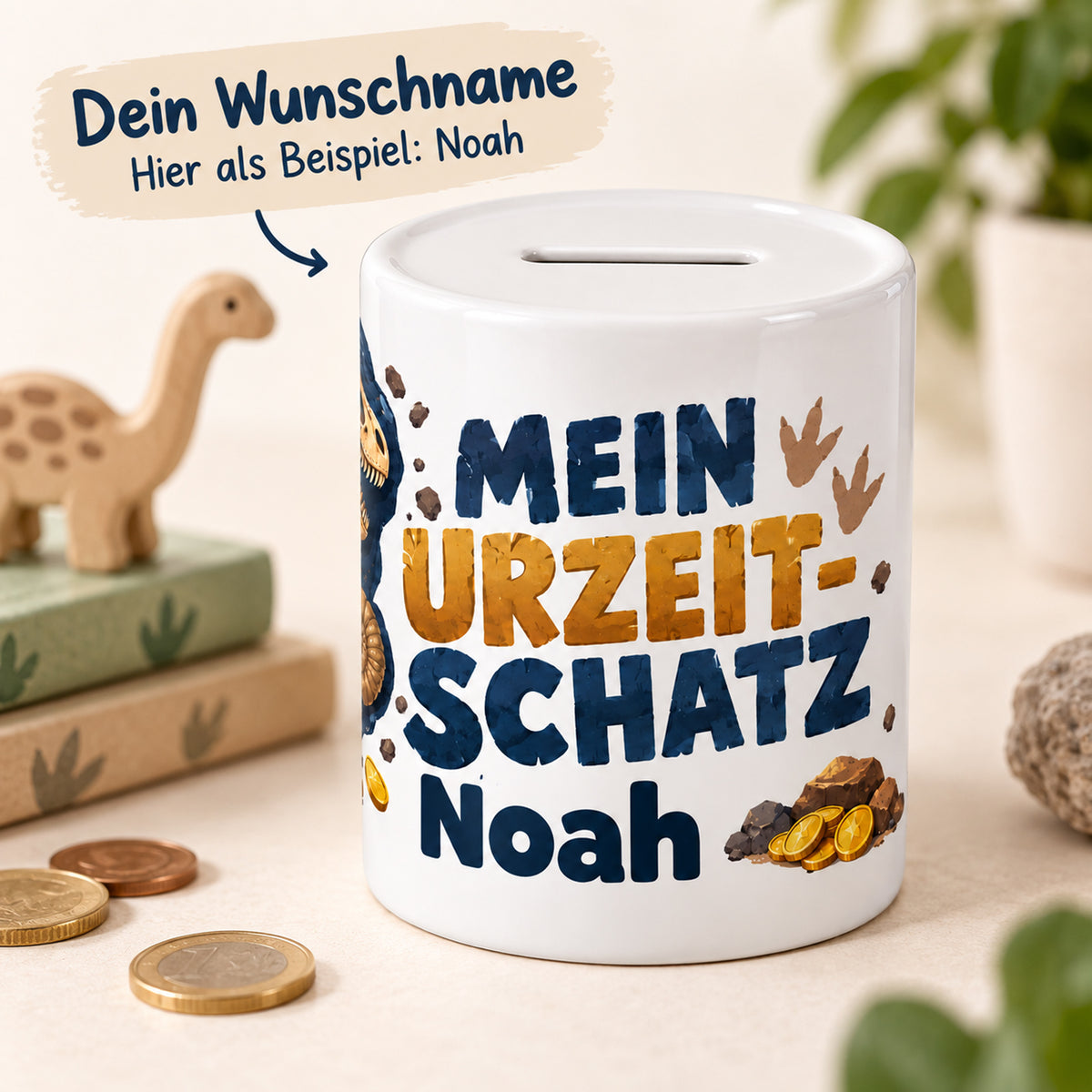 Dino-Spardose mit Namen – Fossilien-Fund – Wunschname erklärt