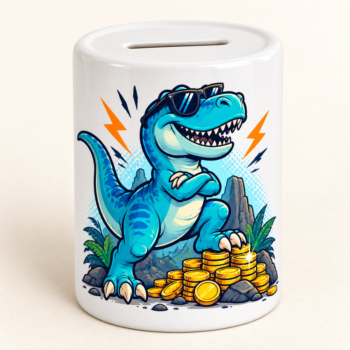 Dino-Spardose mit Namen – Comic-Dino – Motivseite