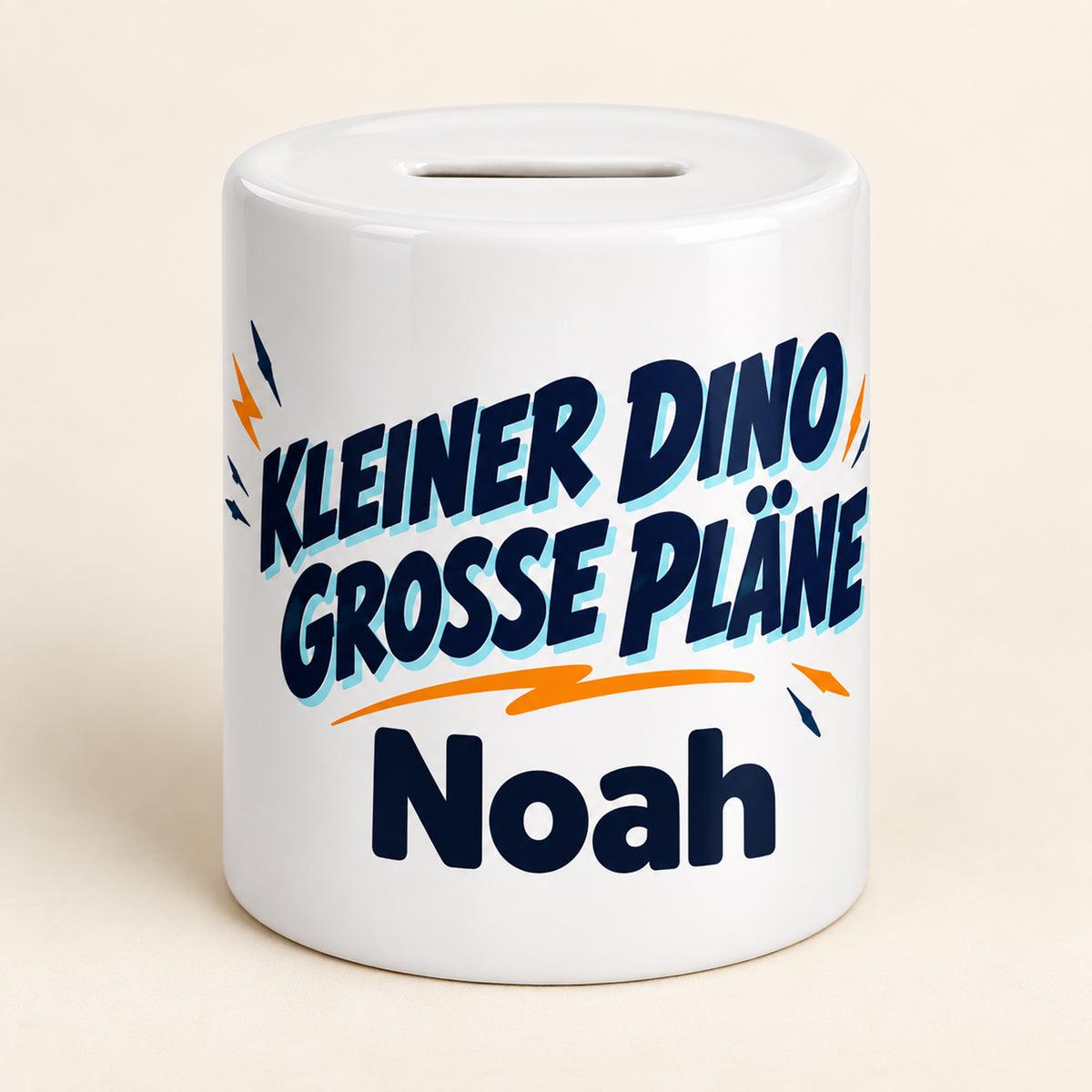 Dino-Spardose mit Namen – Comic-Dino – Spruchseite mit Noah