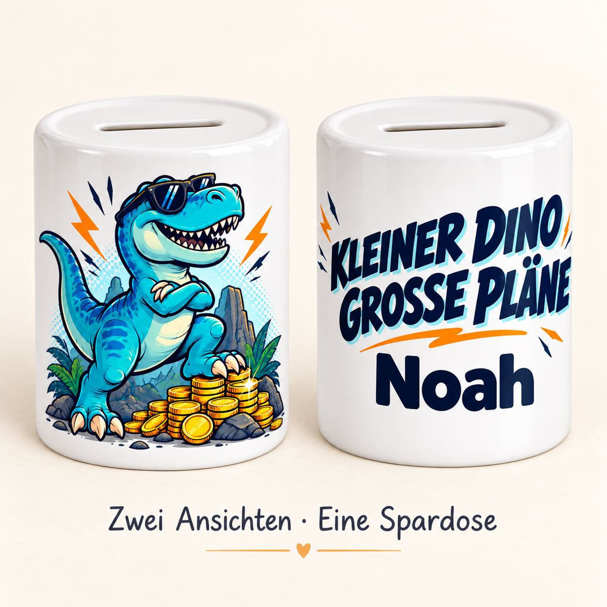 Dino-Spardose mit Namen – Comic-Dino – Zwei Ansichten derselben Spardose
