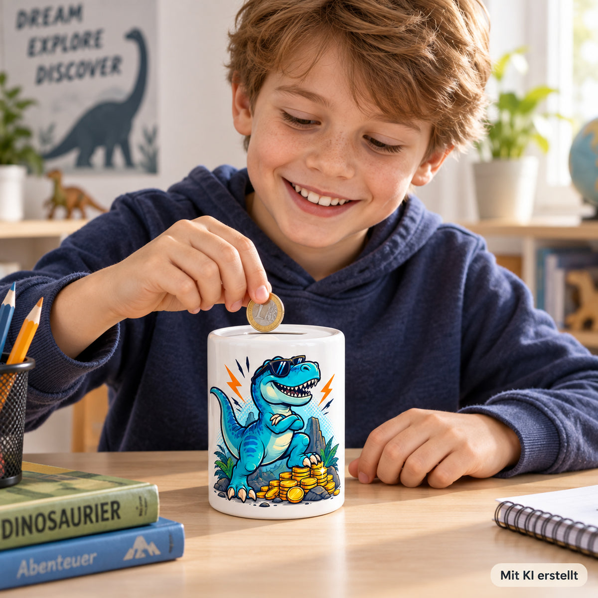 Dino-Spardose mit Namen – Comic-Dino – Beim Sparen · Mit KI erstellt
