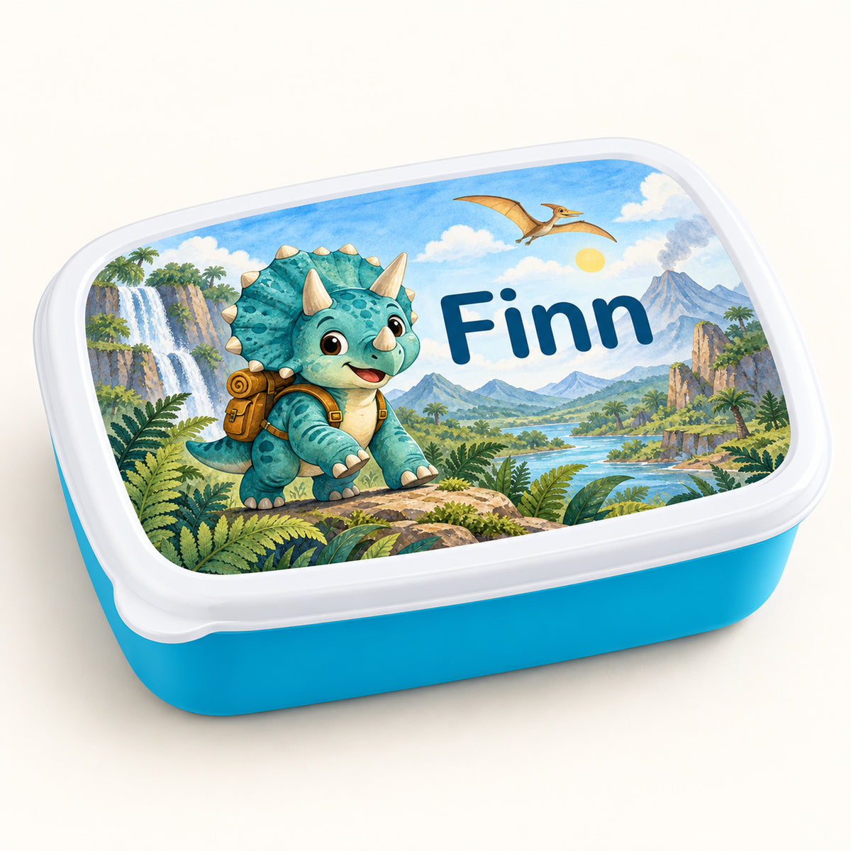 Personalisierte blaue Brotdose Dino-Entdecker mit Beispielname Finn: Hauptbild