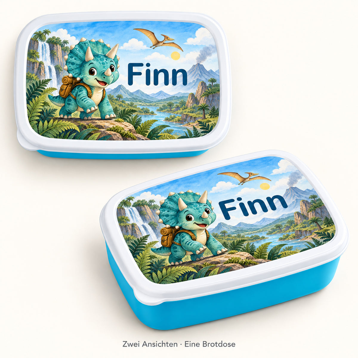 Personalisierte blaue Brotdose Dino-Entdecker mit Beispielname Finn: Zwei Ansichten derselben Brotdose