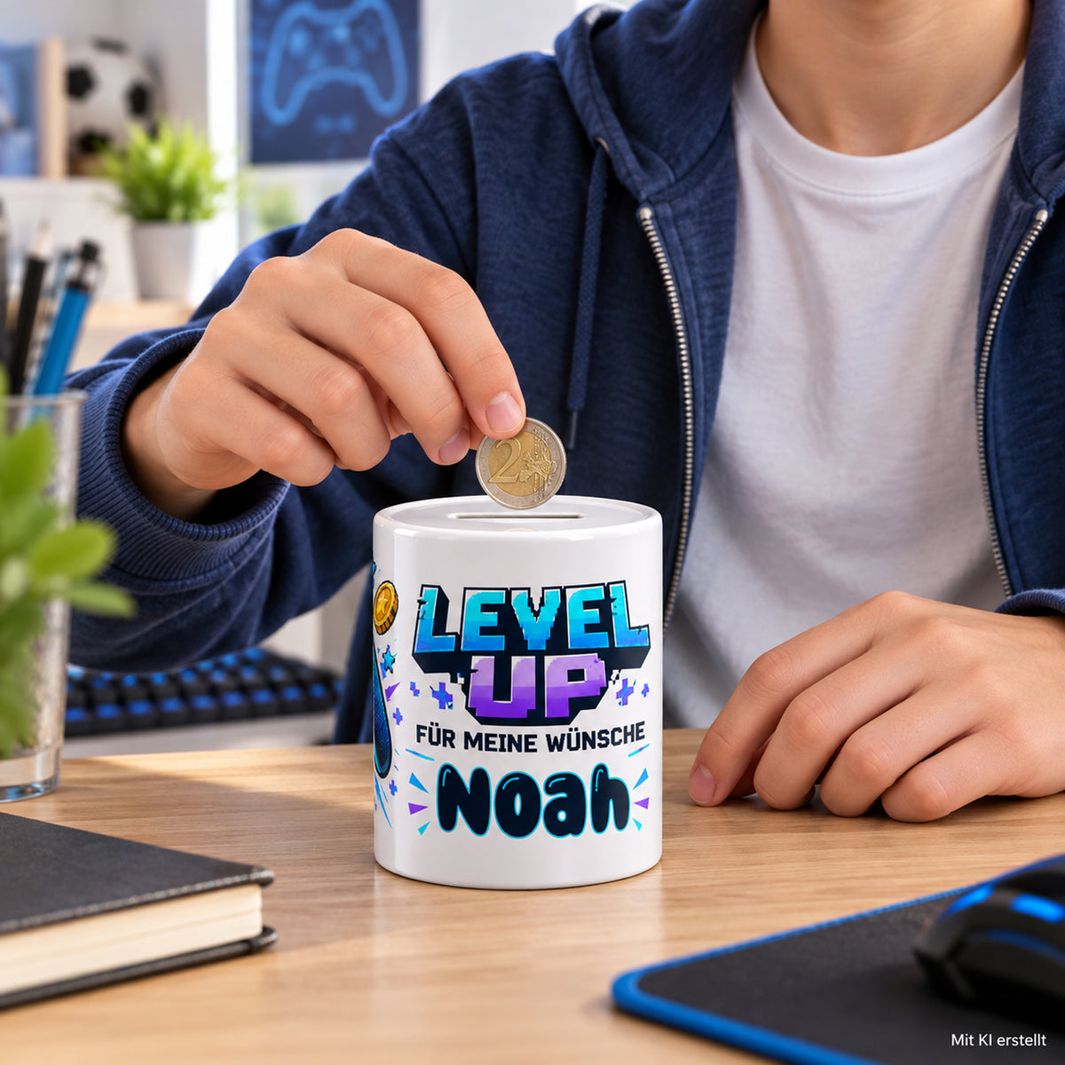 Spardose Gaming mit Namen – Level up – Beim Sparen, Beispielname Noah