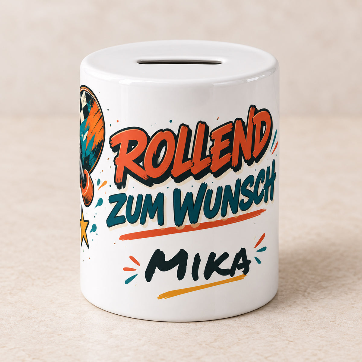 Spardose Skateboard mit Namen – Wunschziel – Rückseite, Beispielname Mika