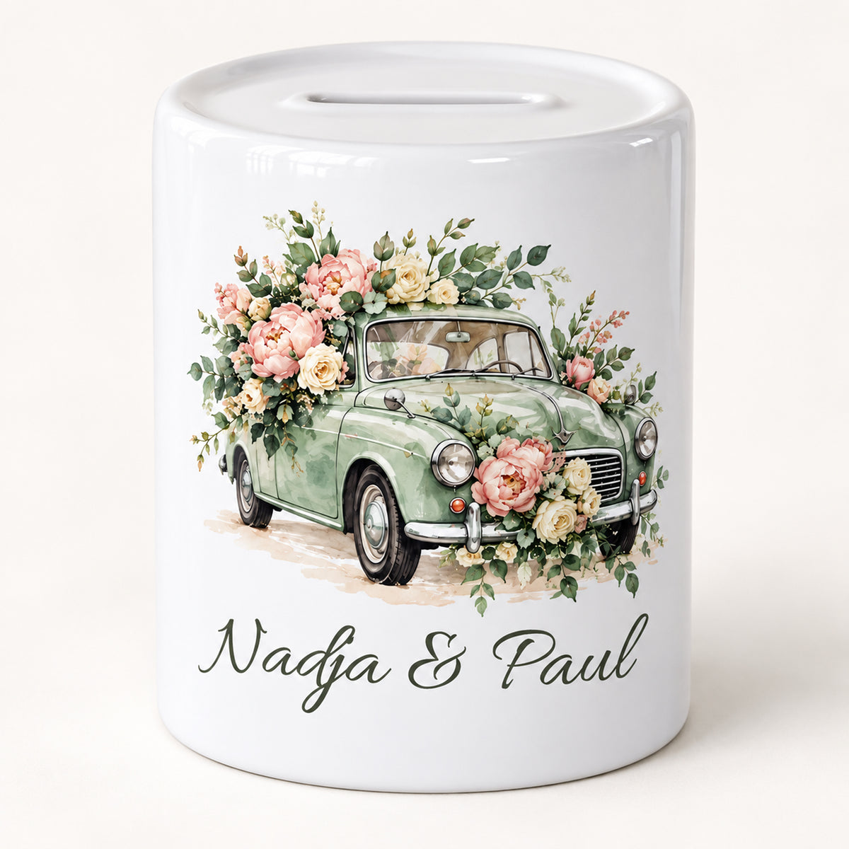 Salbei & Rosen: hauptbild der personalisierten Hochzeits-Spardose mit Nadja und Paul