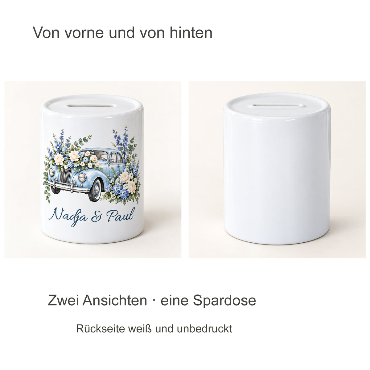 Hellblau & Blüten: zwei-ansichten der personalisierten Hochzeits-Spardose mit Nadja und Paul