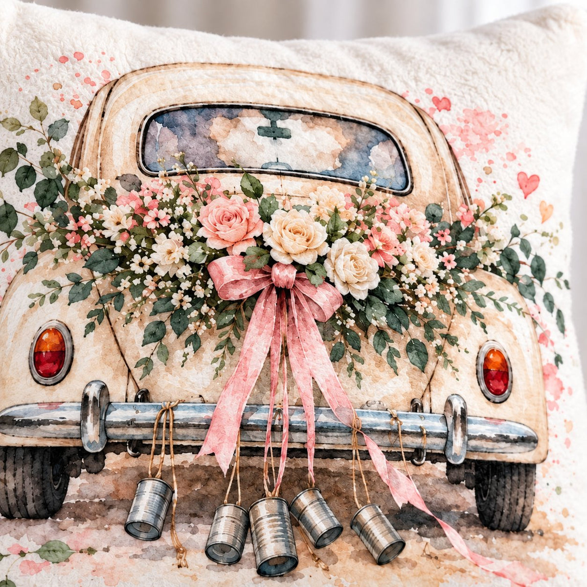 Bedruckte Vorderseite des personalisierten Hochzeitskissenbezugs mit Marie & Sven.