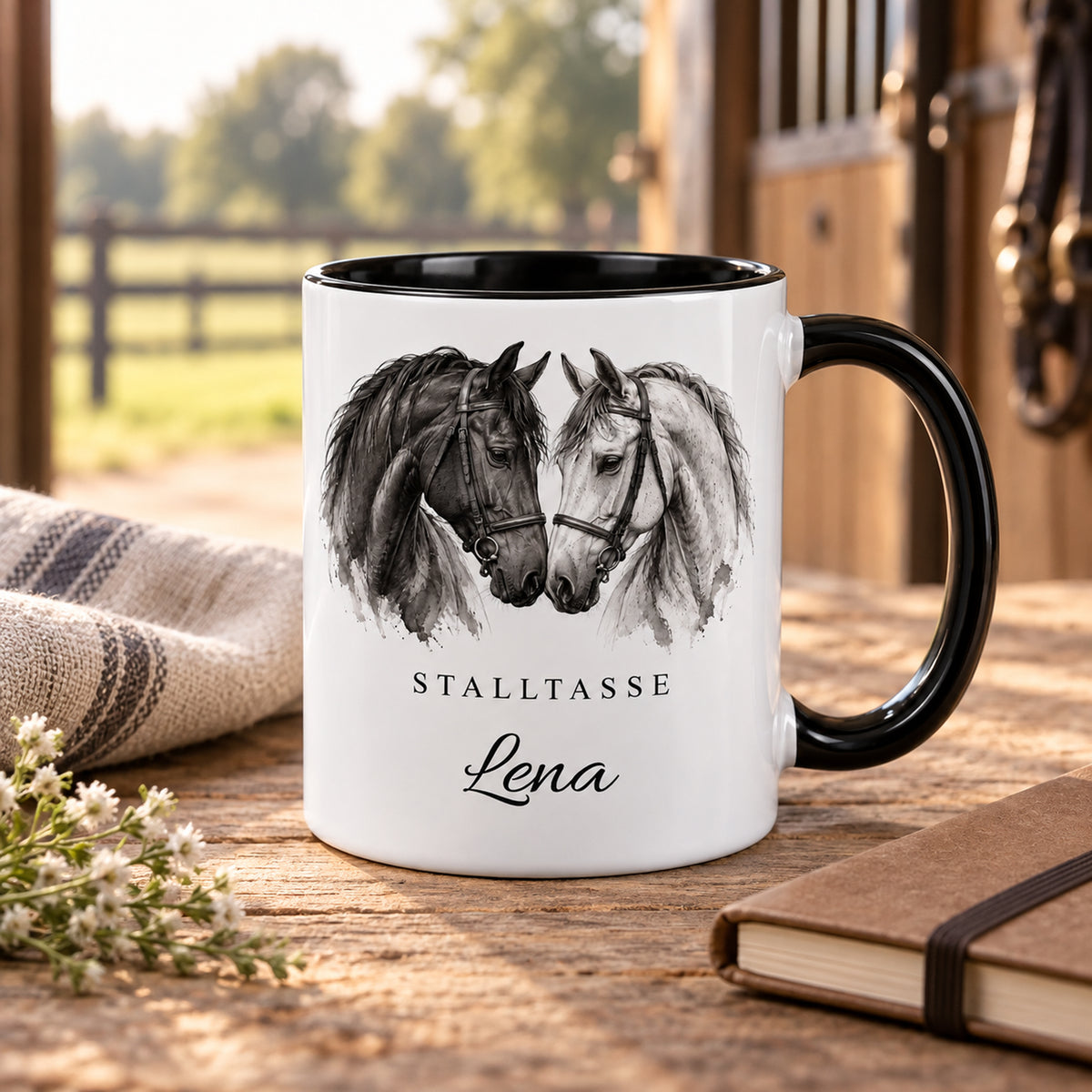 Stalltasse mit Namen Lena – Verbundenheit, schwarzer Henkel und Innenraum – Stallpause