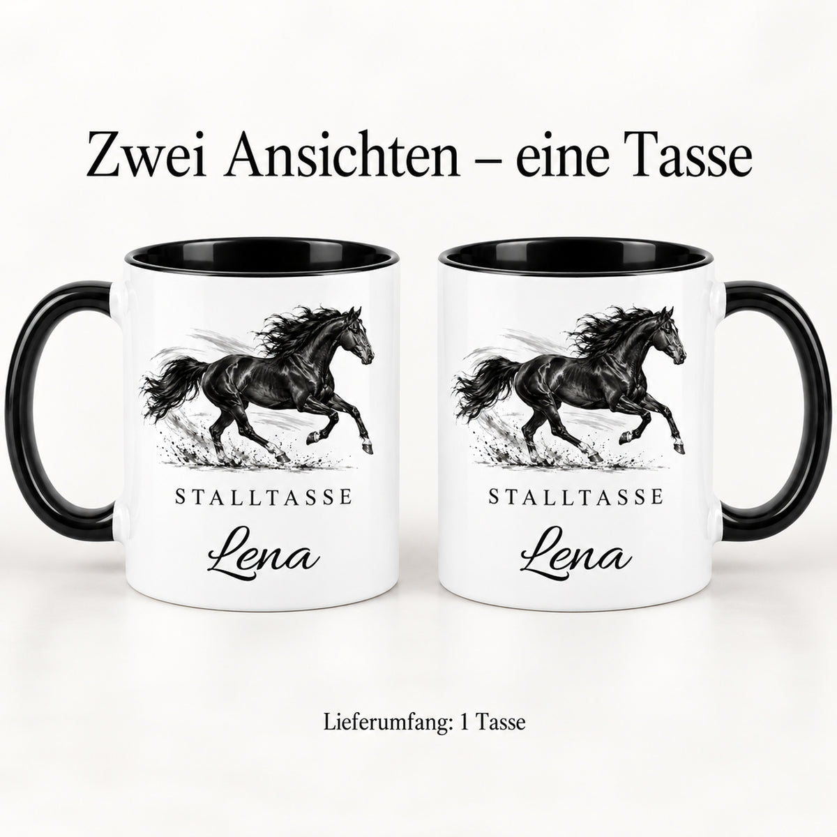 Stalltasse mit Namen Lena – Freier Galopp, schwarzer Henkel und Innenraum – Beide Druckseiten