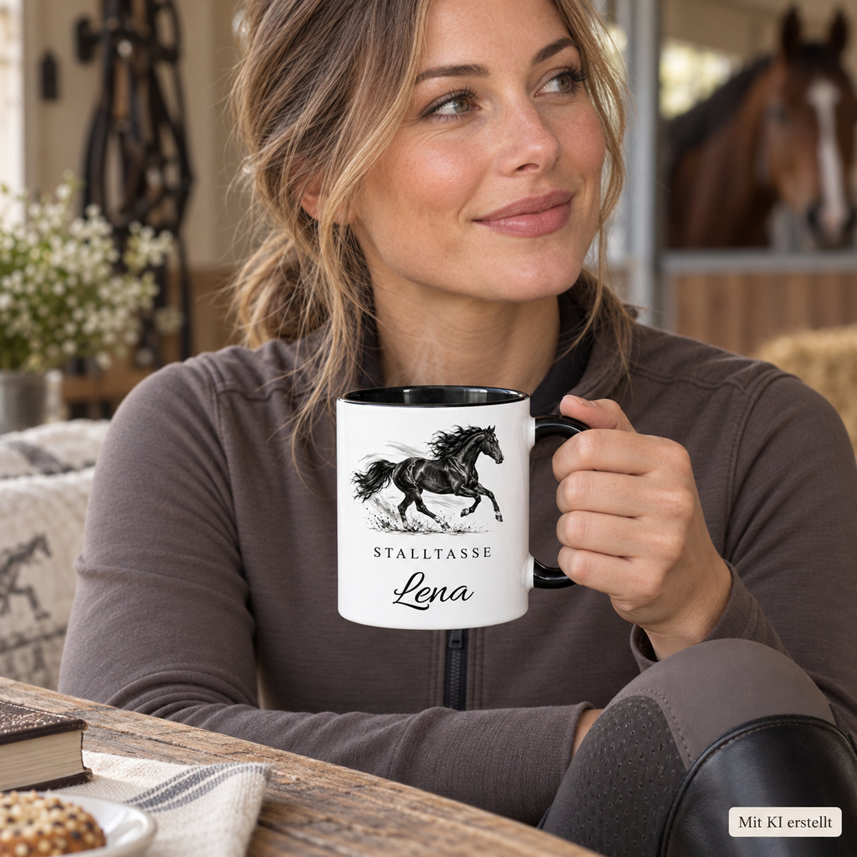 Stalltasse mit Namen Lena – Freier Galopp, schwarzer Henkel und Innenraum – Mit Person