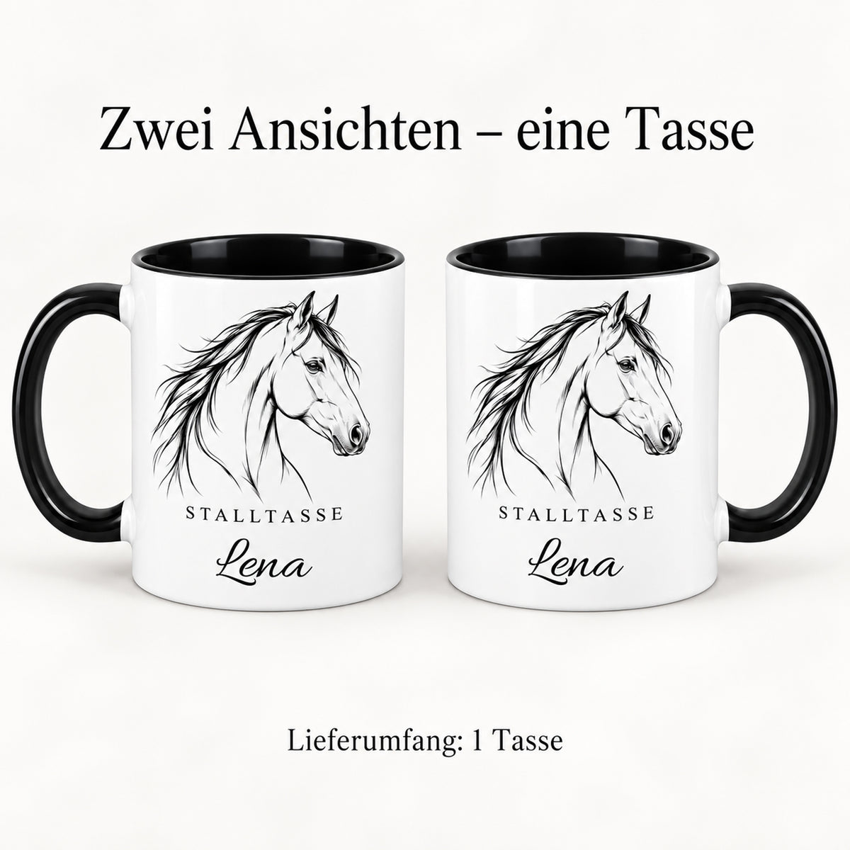 Stalltasse mit Namen Lena – Klare Pferdelinie, schwarzer Henkel und Innenraum – Beide Druckseiten