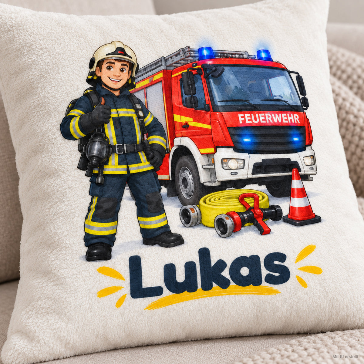 Feuerwehrmann mit Löschfahrzeug: Nahaufnahme von Motiv und flauschigem Stoff.