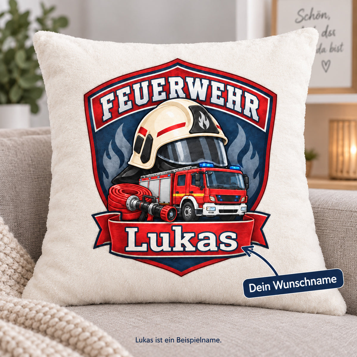 Feuerwehr-Abzeichen: Wunschname Lukas als Beispiel der Personalisierung.