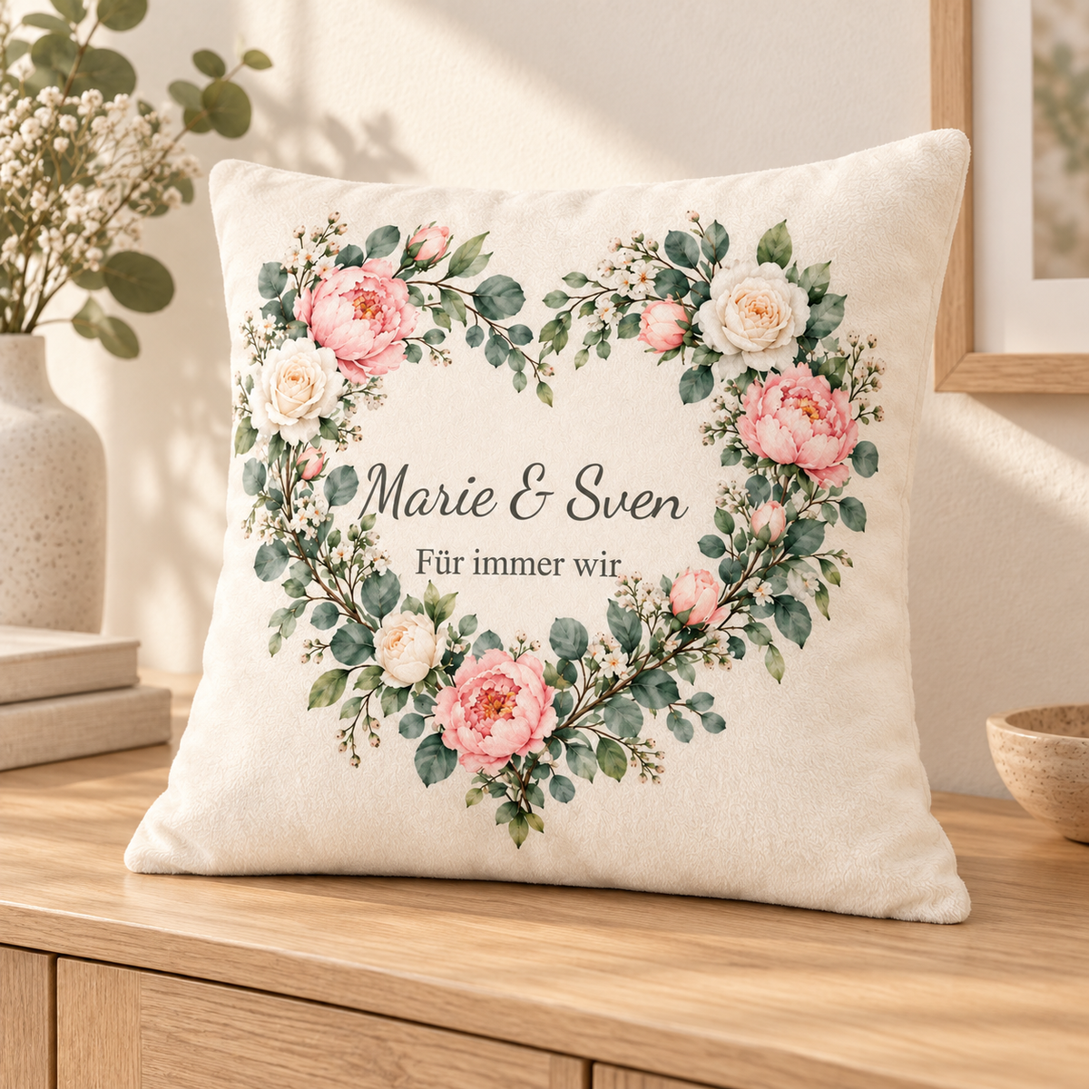 Bedruckte Vorderseite des Hochzeitskissenbezugs Blütenherz mit Marie & Sven.