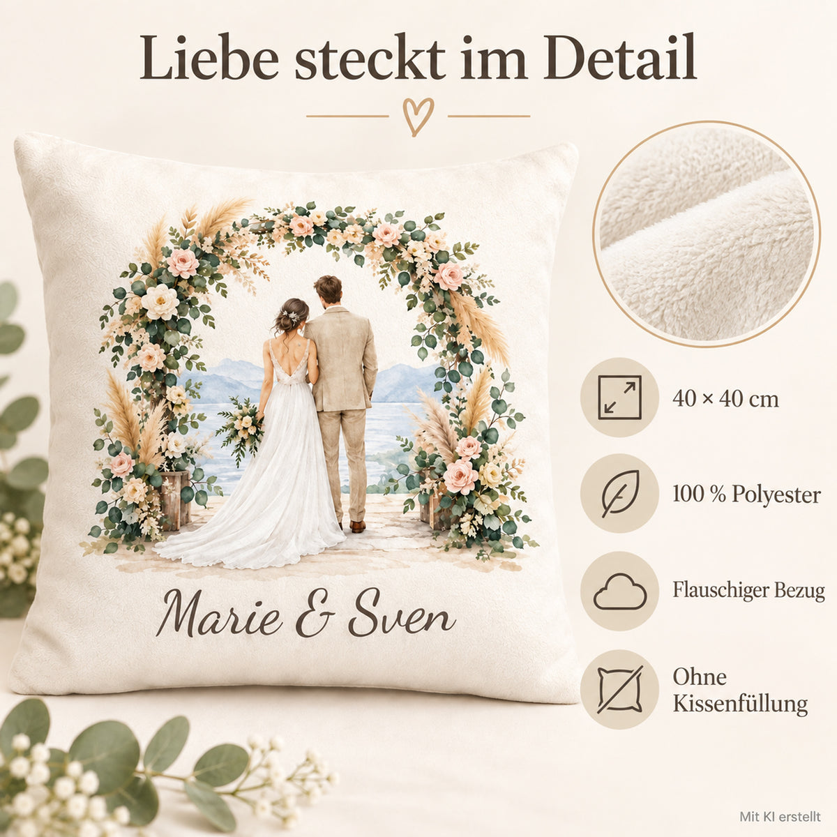 Produktdetails: Brautpaar-Kissenbezug, 40 × 40 cm, Polyester, ohne Füllung.