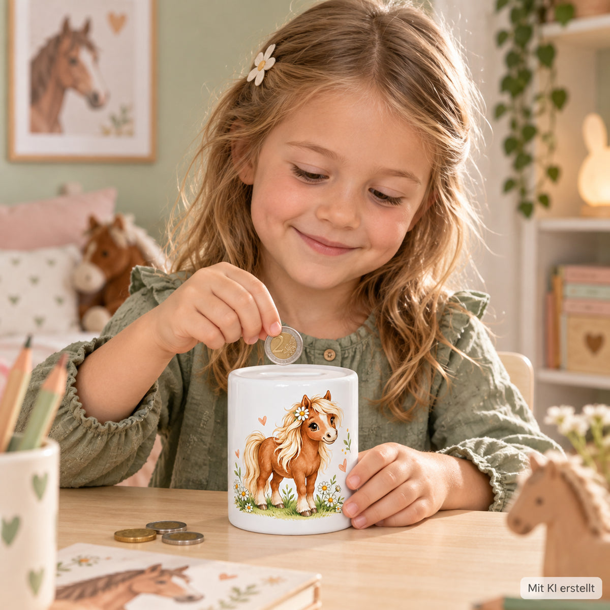 Kind wirft eine Münze in die Pferde-Spardose Blumenpony. Mit KI erstellt.