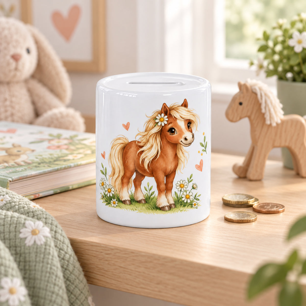 Spardose Blumenpony mit Pferdemotiv auf einer Holzfläche in einem hellen Kinderzimmer.