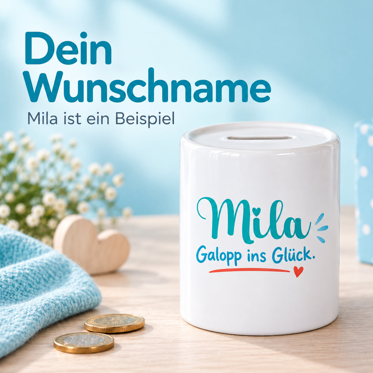 Wunschname auf der Spardose Pony-Abenteuer, gezeigt am Beispielnamen Mila.
