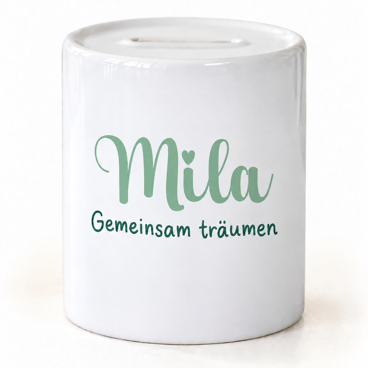 Namensseite der Spardose Pony-Freunde mit Beispielname Mila und dem Spruch „Gemeinsam träumen“.