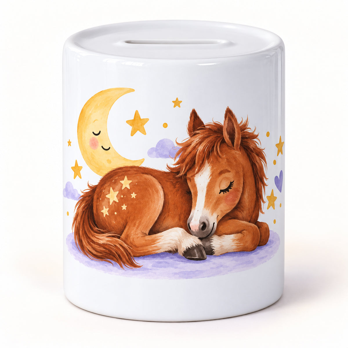 Spardose Sternenpony mit schlafendem rotbraunem Pony, Mond und Sternen vor hellem Hintergrund.