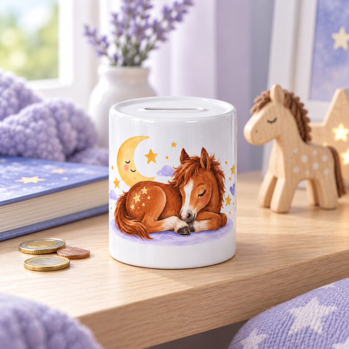 Spardose Sternenpony mit Pferdemotiv auf einer Holzfläche in einem hellen Kinderzimmer.