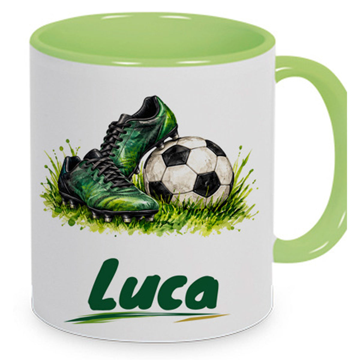 Hellgrüne Fußballtasse Bereit fürs Spiel mit Beispielname Luca: Nahe Produktansicht