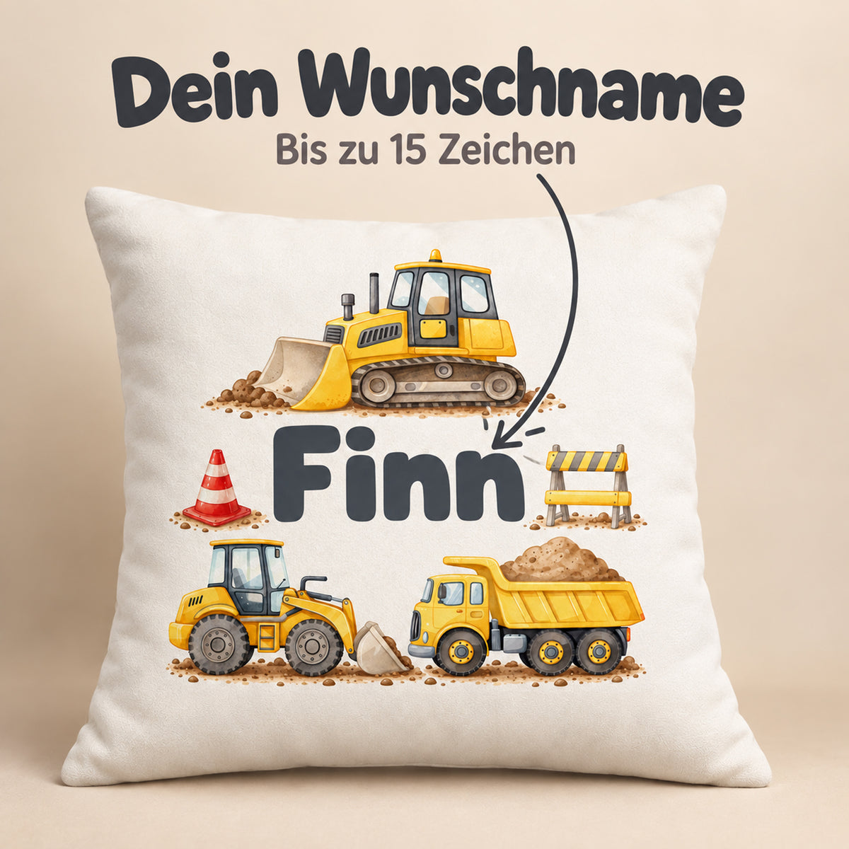Personalisierung des Kissenbezugs mit Beispielname Finn; Wunschname bis 15 Zeichen.