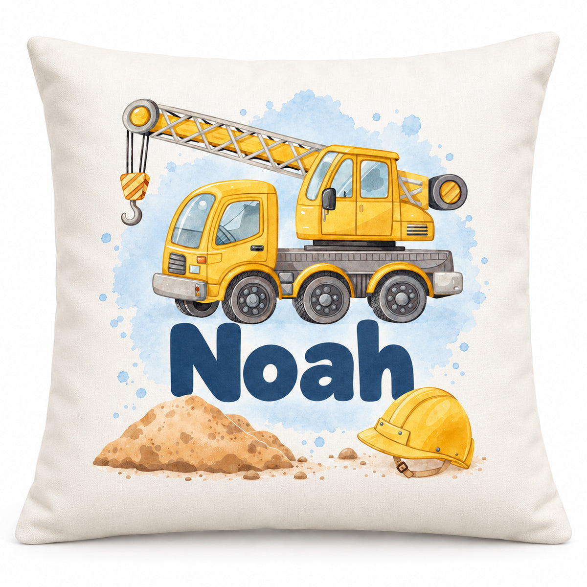 Vorderseite des Kissenbezugs mit Kran in Aquarelloptik und Beispielname Noah vor weißem Hintergrund.