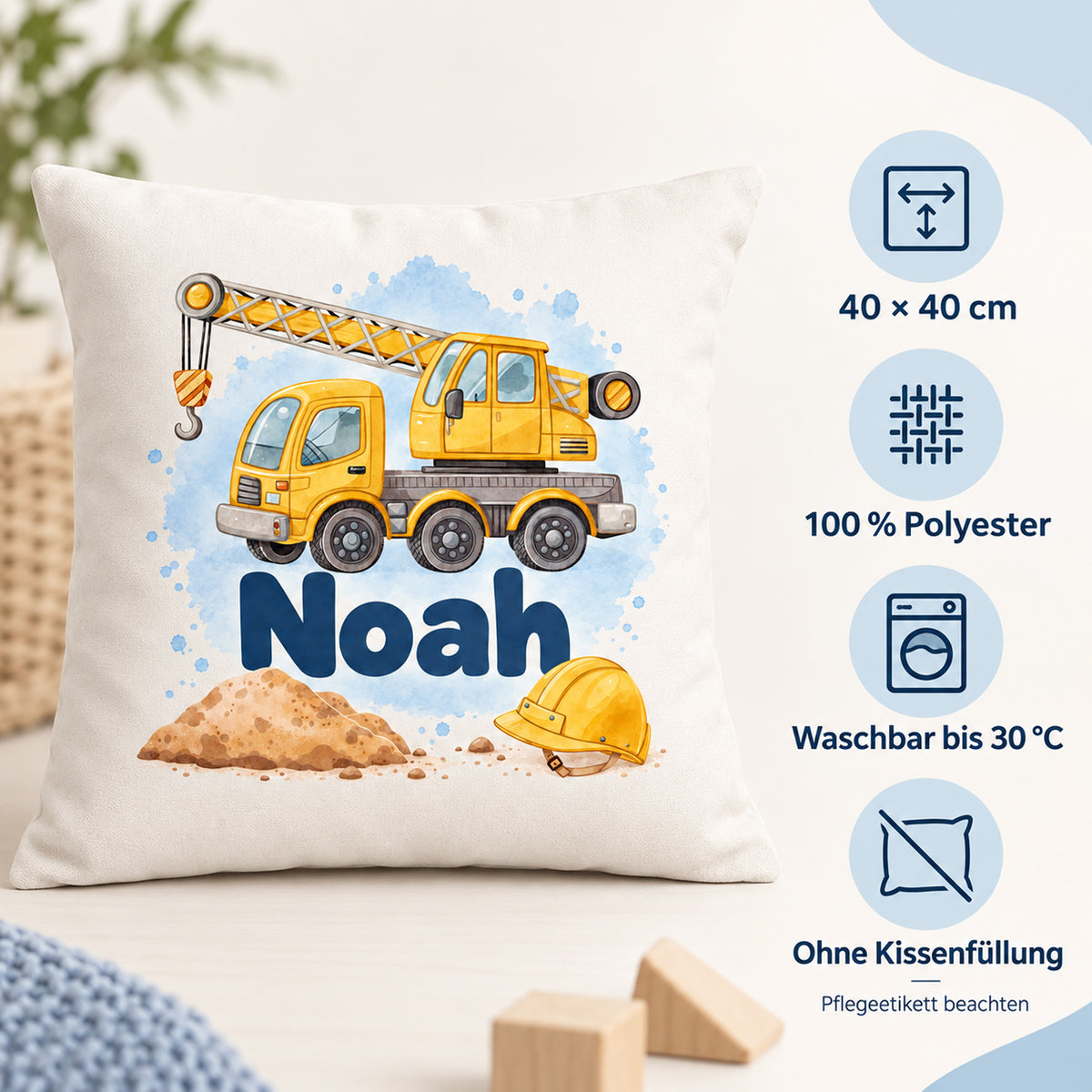 Produktdetails zum Kissenbezug mit Noah und Kran: 40 × 40 cm, 100 % Polyester, waschbar bis 30 °C, ohne Kissenfüllung.