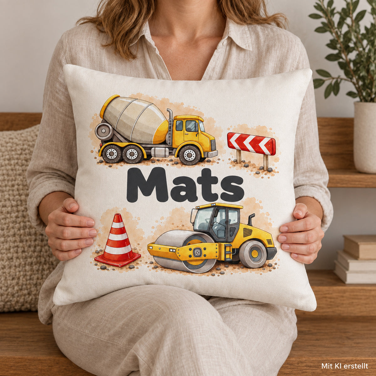 Eine erwachsene Person hält einen 40 × 40 cm großen Kissenbezug mit Betonmischer und Straßenwalze und Beispielname Mats. Bild mit dem Hinweis Mit KI erstellt.