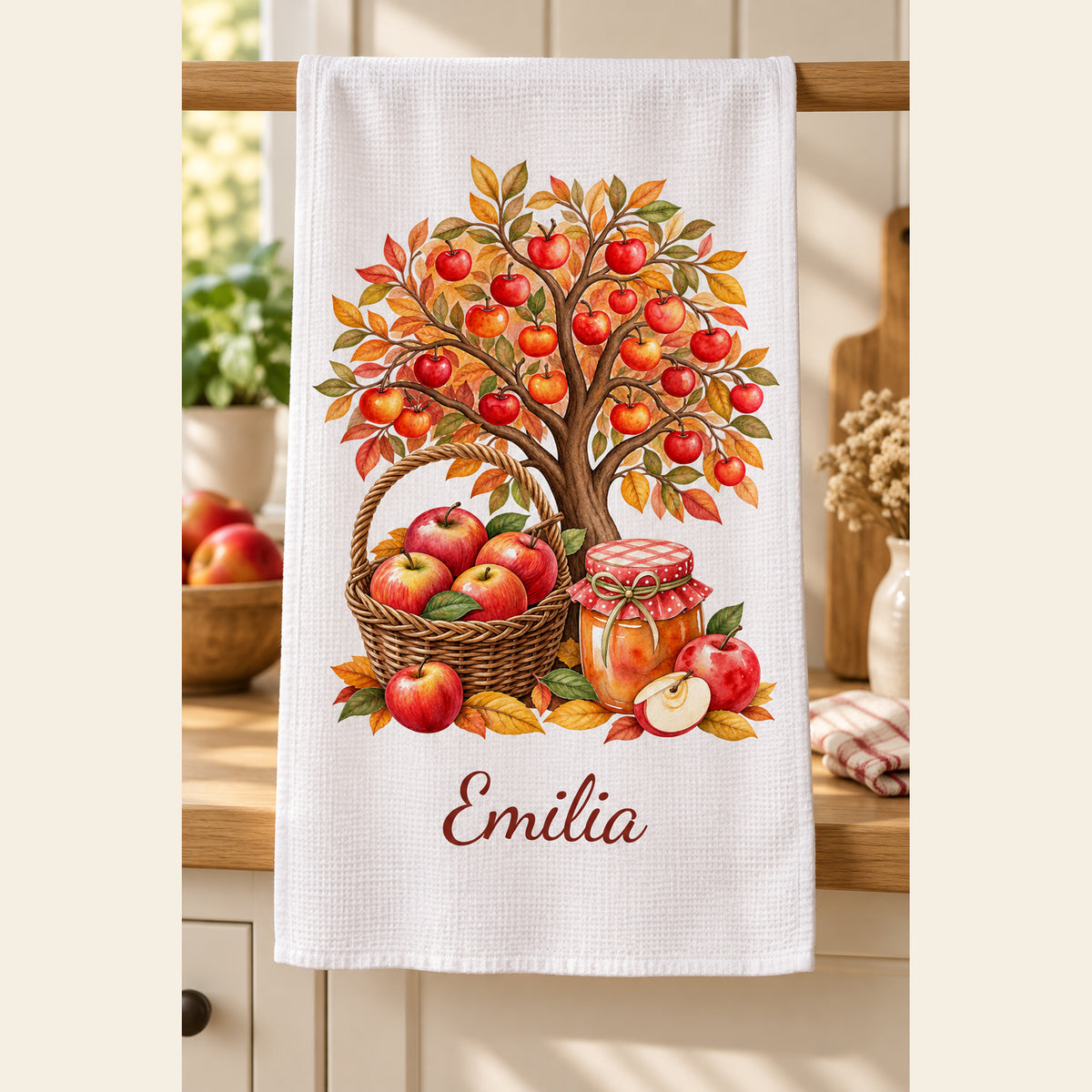 Geschirrtuch mit Apfelernte und Namen Emilia in herbstlicher Küche