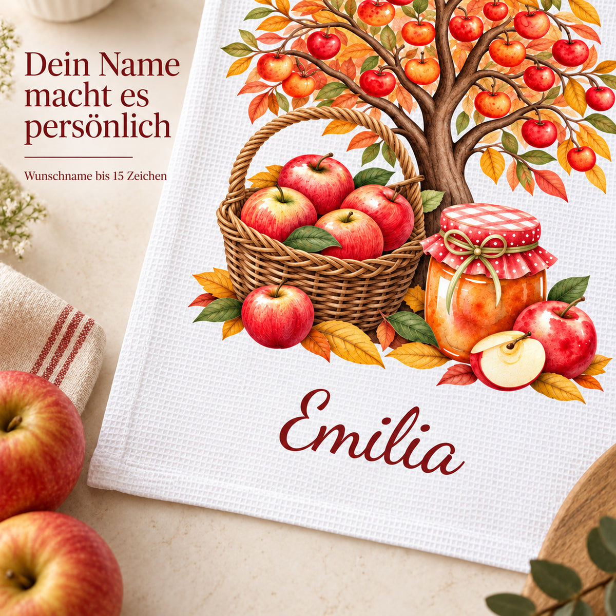 Personalisierung des Apfel-Geschirrtuchs mit Wunschname bis 15 Zeichen