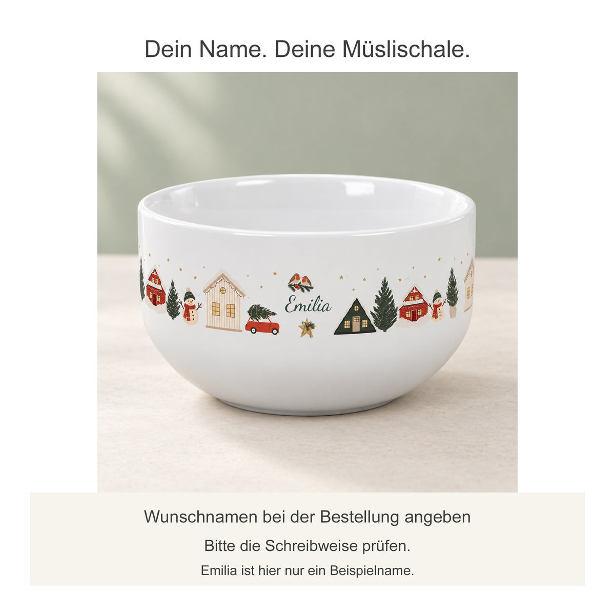 Wunschname auf der Müslischale mit Weihnachtsdorf-Motiv