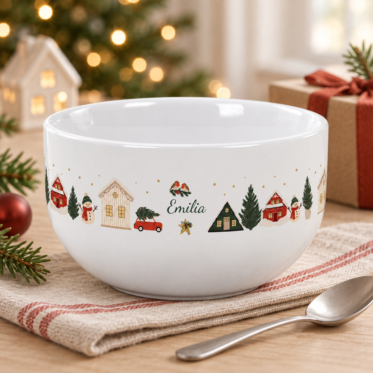 Müslischale Weihnachtsdorf als Geschenkidee auf einem weihnachtlich gedeckten Tisch