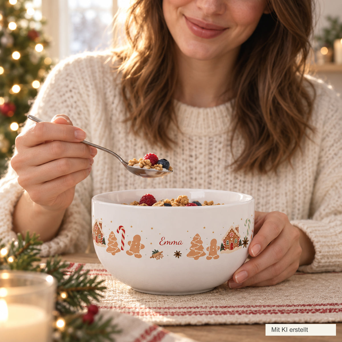 Frau beim Frühstück mit der Müslischale Weihnachtsbäckerei, KI-generierte Szene