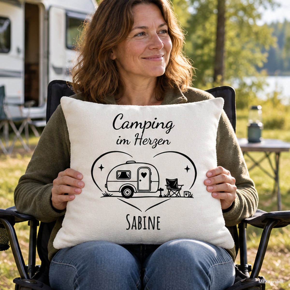 Größenansicht mit Person: Camping-Kissenbezug Camping im Herzen, personalisiert mit Sabine