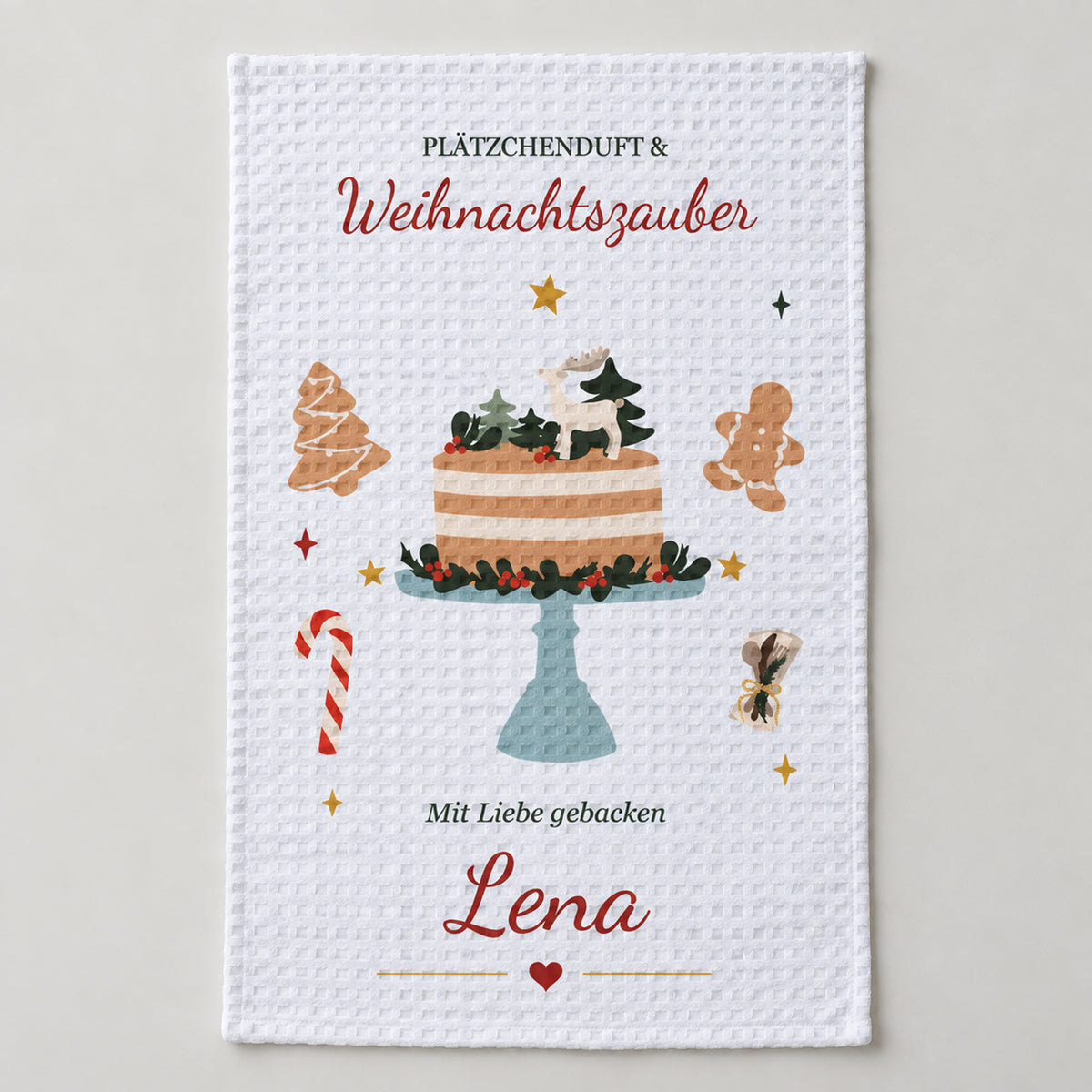 Personalisiertes Geschirrtuch Weihnachtsbäckerei aus weißem grobem Waffelgewebe mit dem Namen Lena
