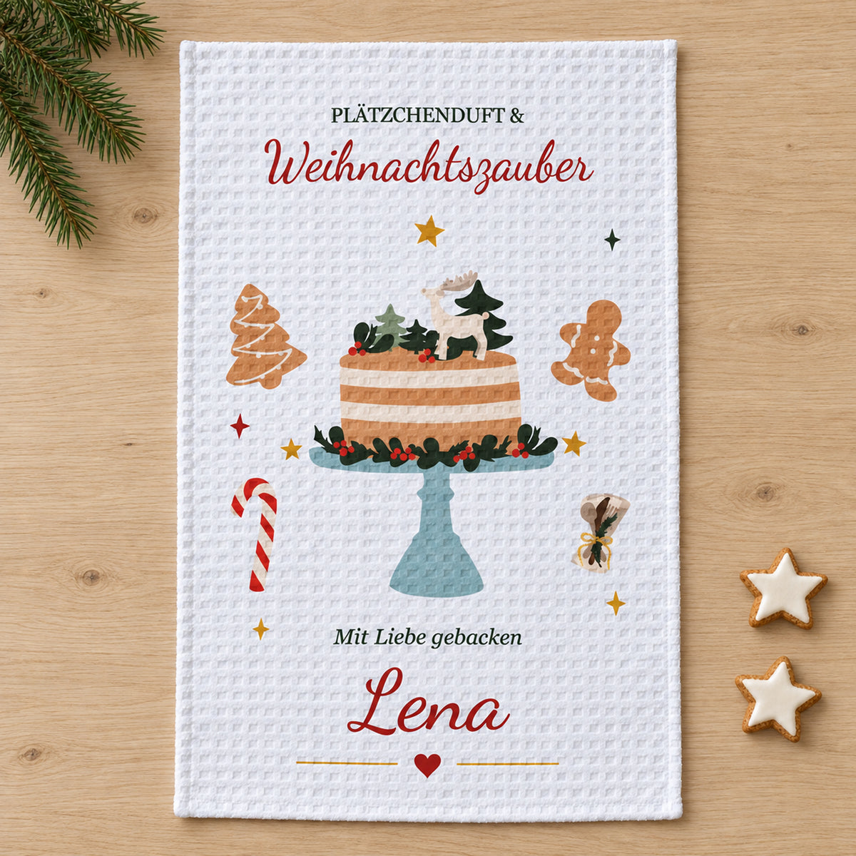 Geschirrtuch Weihnachtsbäckerei mit Namen – Weihnachten – grobes Waffelgewebe, Bild 2