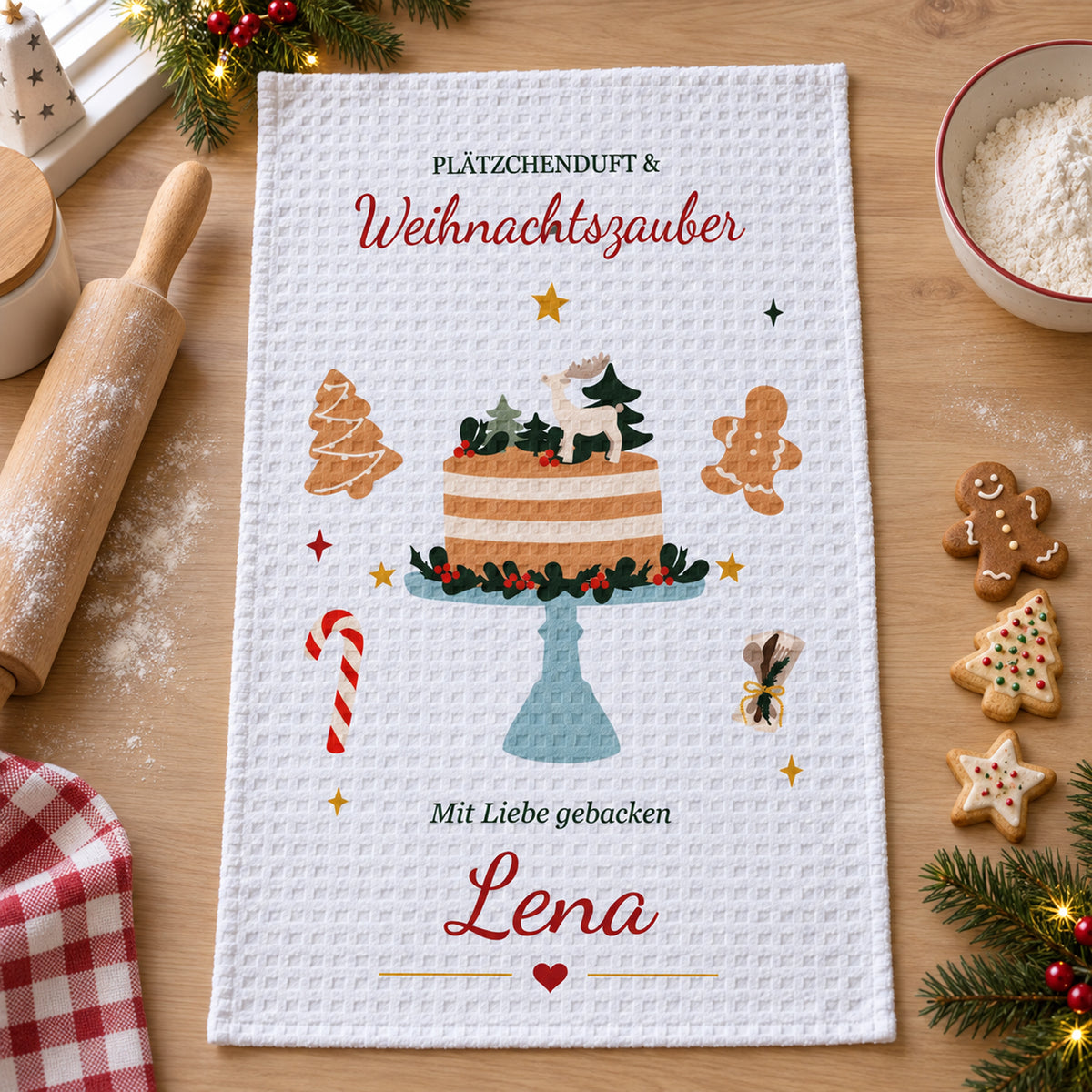 Geschirrtuch Weihnachtsbäckerei mit Namen – Weihnachten – grobes Waffelgewebe, Bild 8
