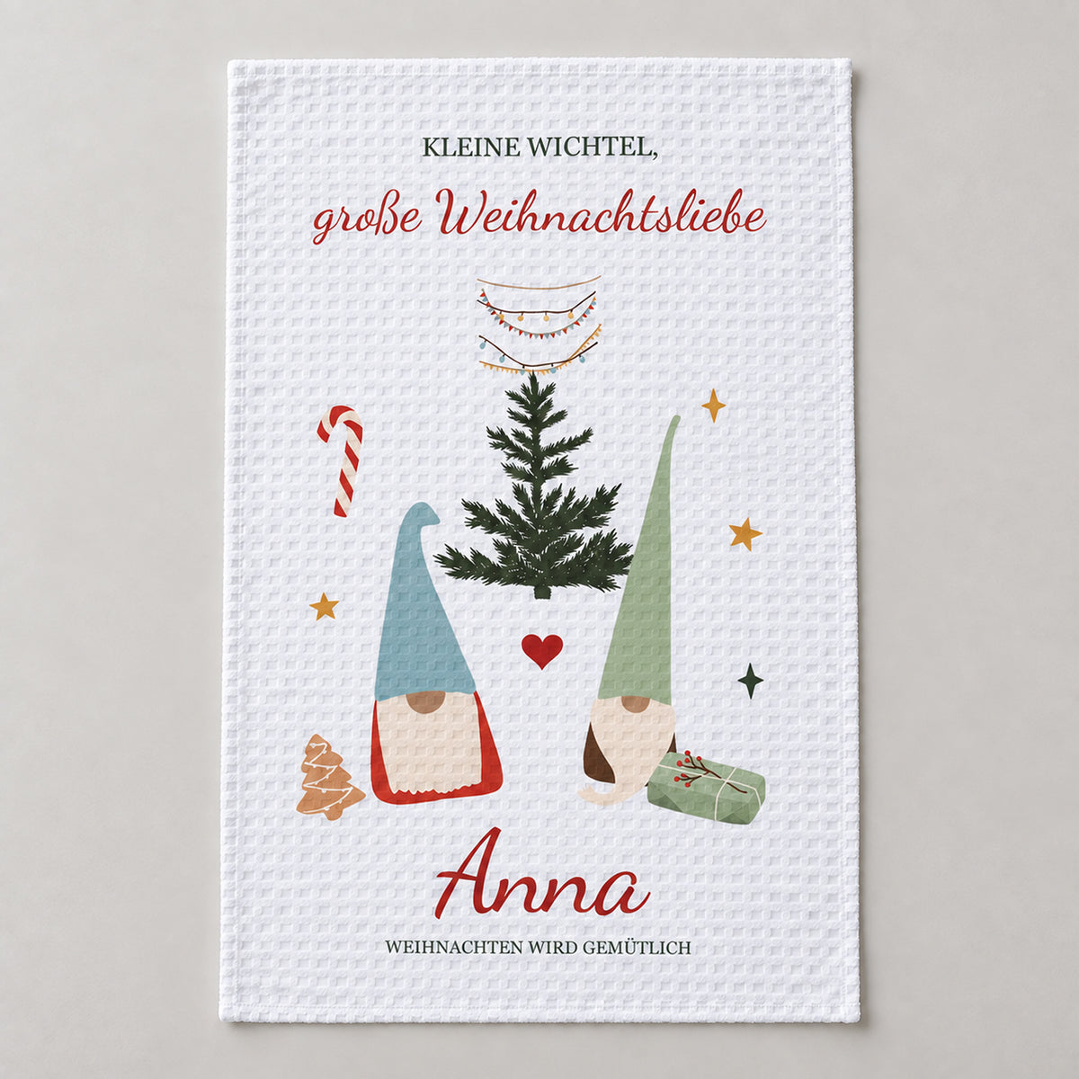 Geschirrtuch Wichtelpaar mit Namen – Weihnachten – grobes Waffelgewebe, Bild 1