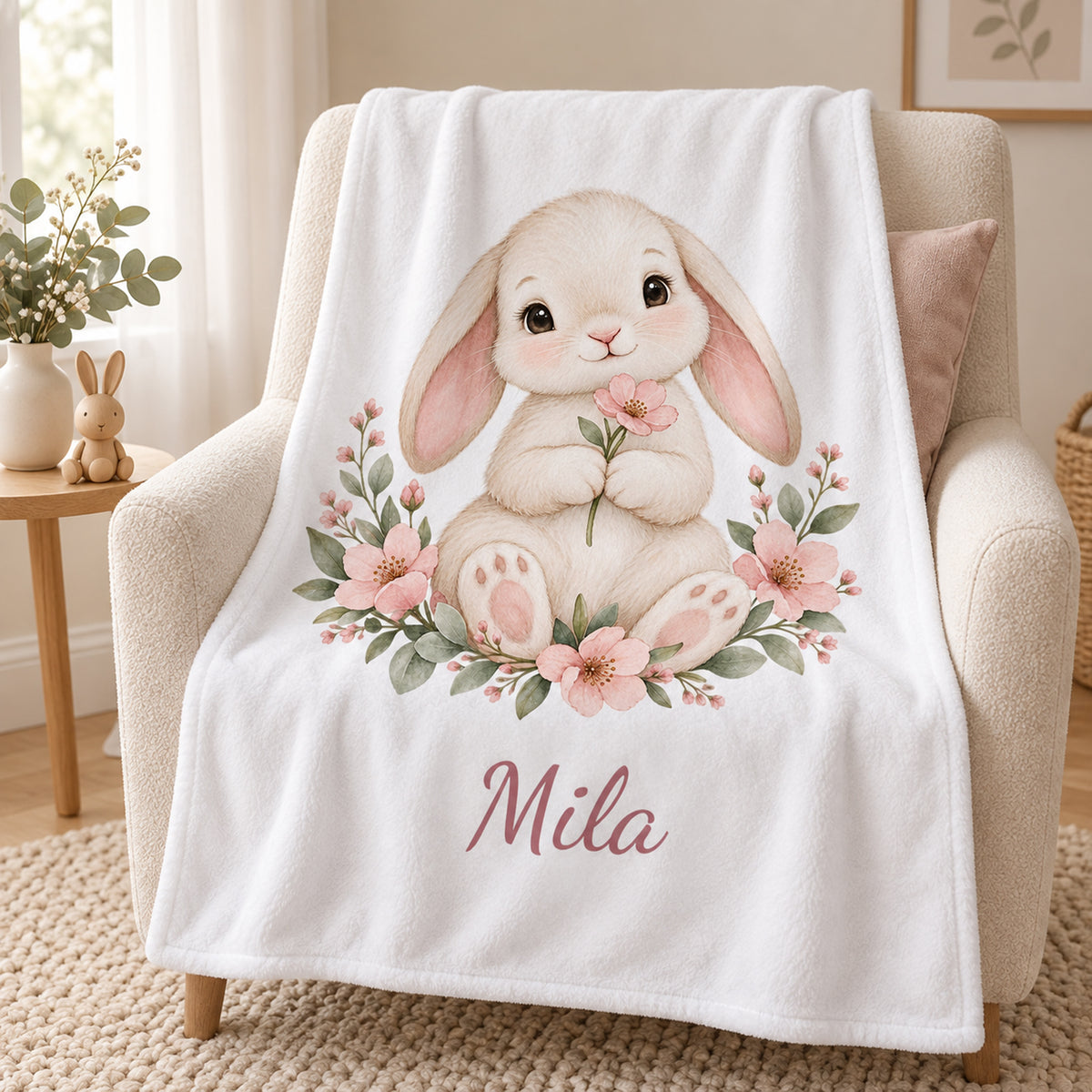 Weiße Babydecke mit Blumenhäschen und Beispielname Mila – wohnstil