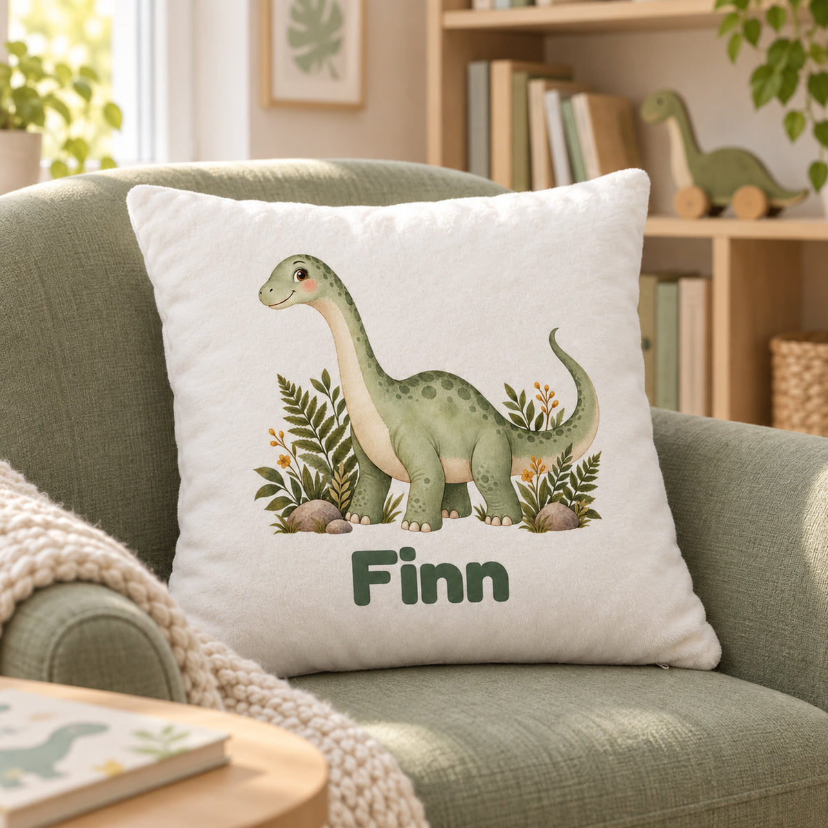 Personalisierter Dino-Kissenbezug: Langhals im Farnwald, Beispielname Finn – Kinderzimmer und Wohnumgebung
