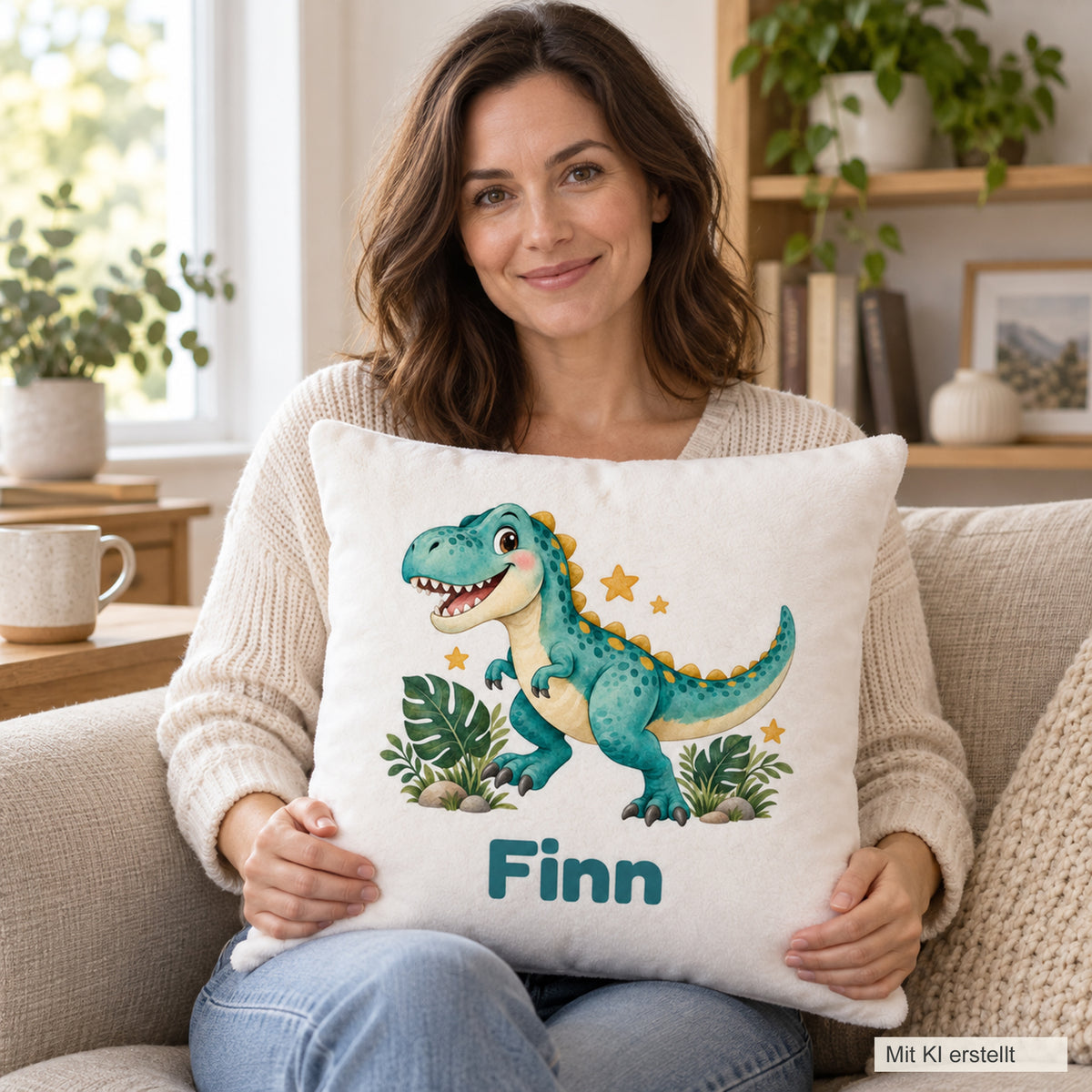 Personalisierter Dino-Kissenbezug: T-Rex auf Abenteuer, Beispielname Finn – Kissenbezug in Händen