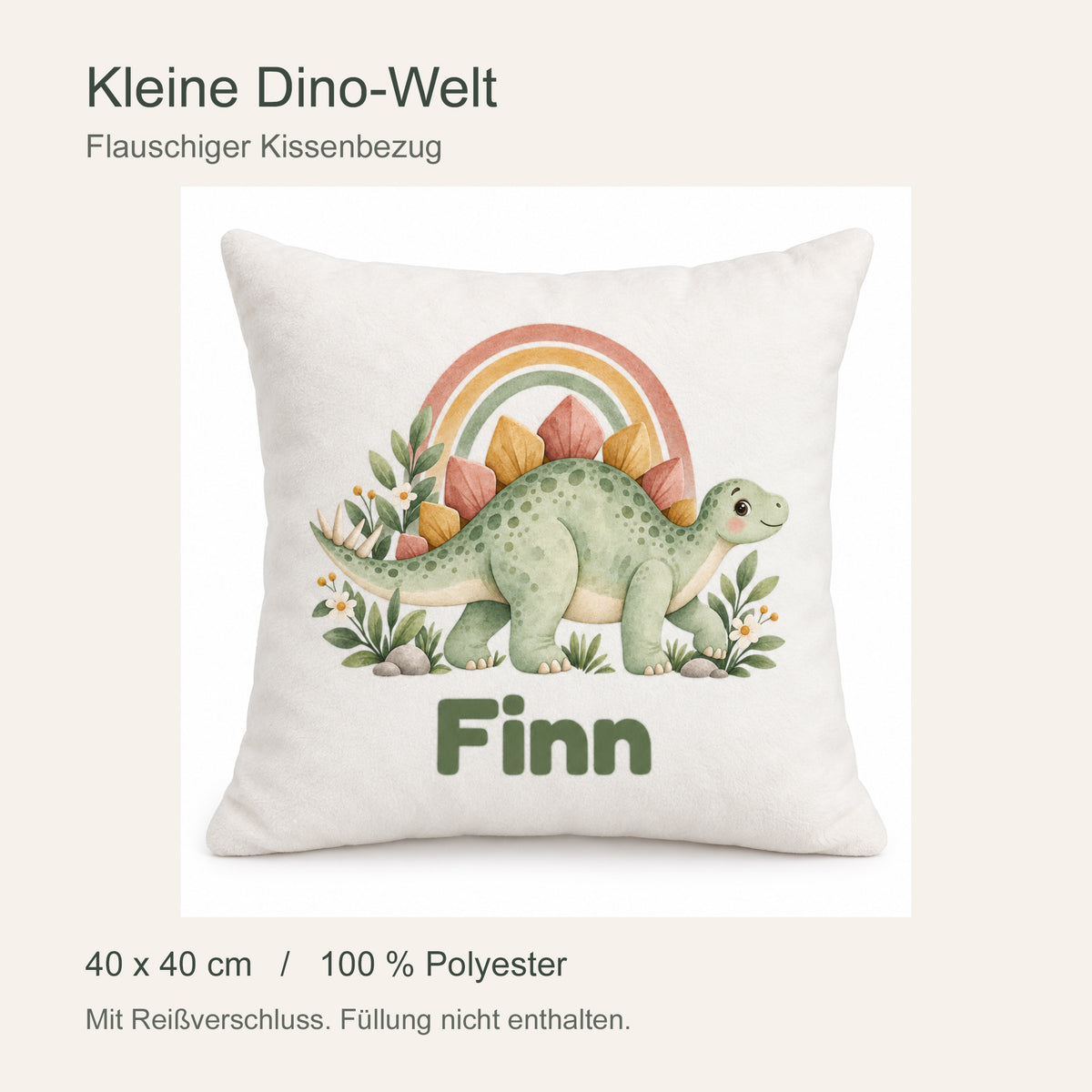 Personalisierter Dino-Kissenbezug: Stegosaurus mit Regenbogen, Beispielname Finn – Produktdetails