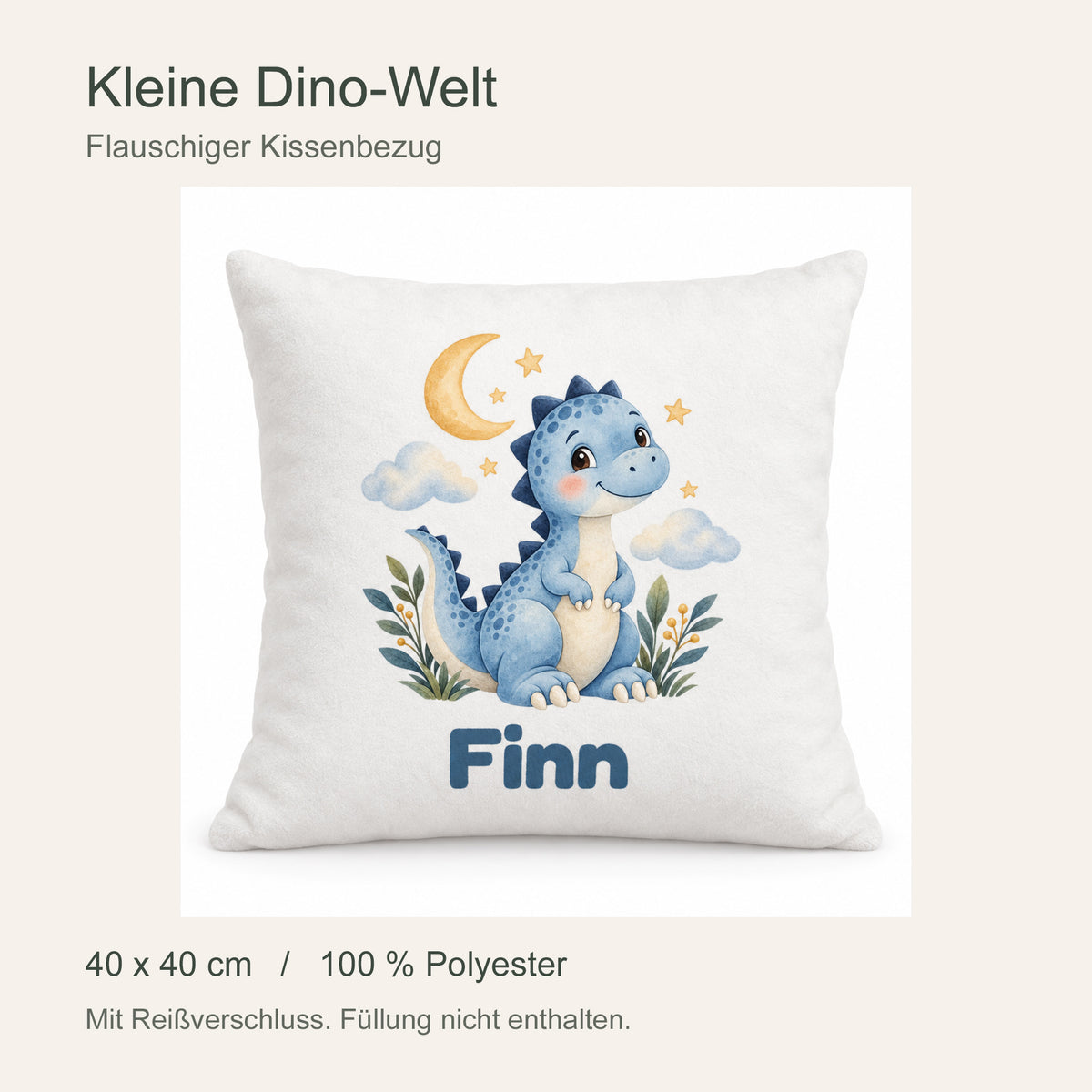 Personalisierter Dino-Kissenbezug: Dino unter Mond und Sternen, Beispielname Finn – Produktdetails